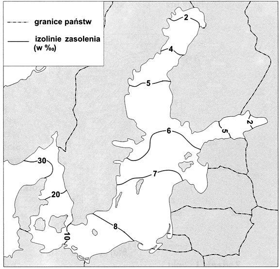 Zadanie 17. (3 pkt) Na rysunku przedstawiono rozkład zasolenia wód powierzchniowych w Morzu Bałtyckim. Na podstawie: J. Kondracki, Geografia fizyczna Polski, Warszawa 1988.