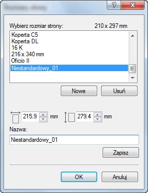 Drukowanie z komputera > Drukowanie z komputera 3 Kliknij przycisk [Nowy]. 3 4 5 7 6 4 Wprowadź wymiary rozmiaru papieru.