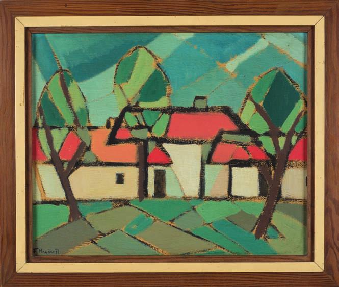 36. Fryderyk Antoni hayder (1905-1990) Pejzaż wiejski Olej, tektura, 40,5 x 50 cm, sygn. l.d.: F. Hayder 71. 3.500,- 37.