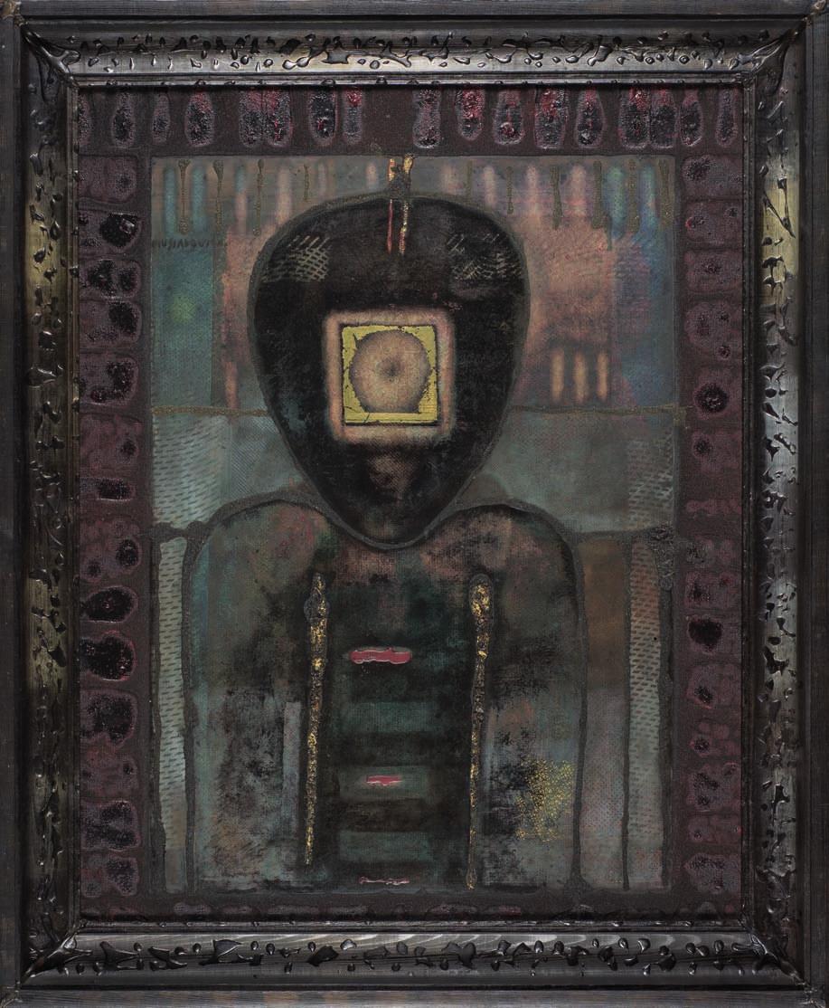 50. henryk musiałowicz (1914-2015) z cyklu ReMiNisceNcje technika własna, płyta, 94 x 78 cm, sygn. l.g.: Musiałowicz, na odwrocie: z cyklu reminiscencje 94x78, 1983/85 poprawione 1986/87, Musiałowicz 79x63.