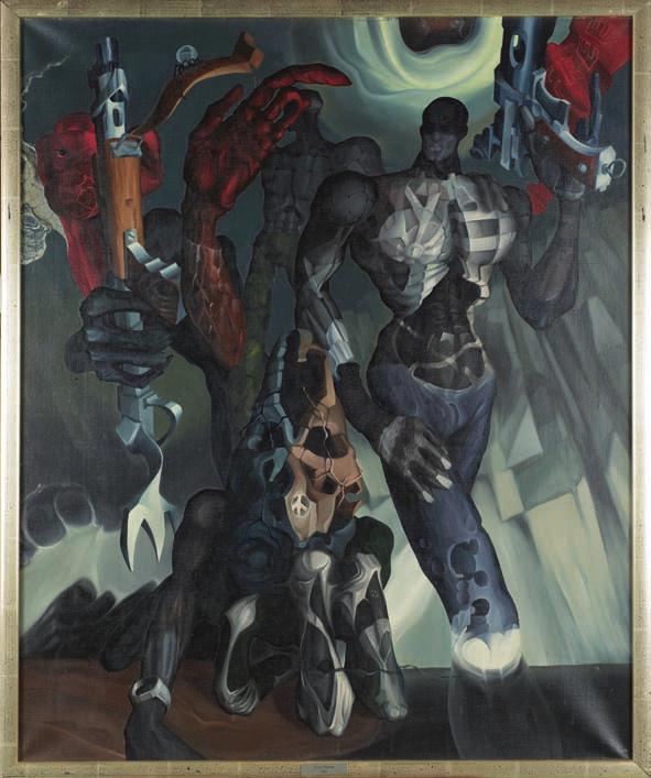 51. Piotr marek (1950-1985) żołnierz-kosmiczne MaszyNy Olej, płótno, 99 x 80, 1971 r. na odwrocie naklejka z wystawy.