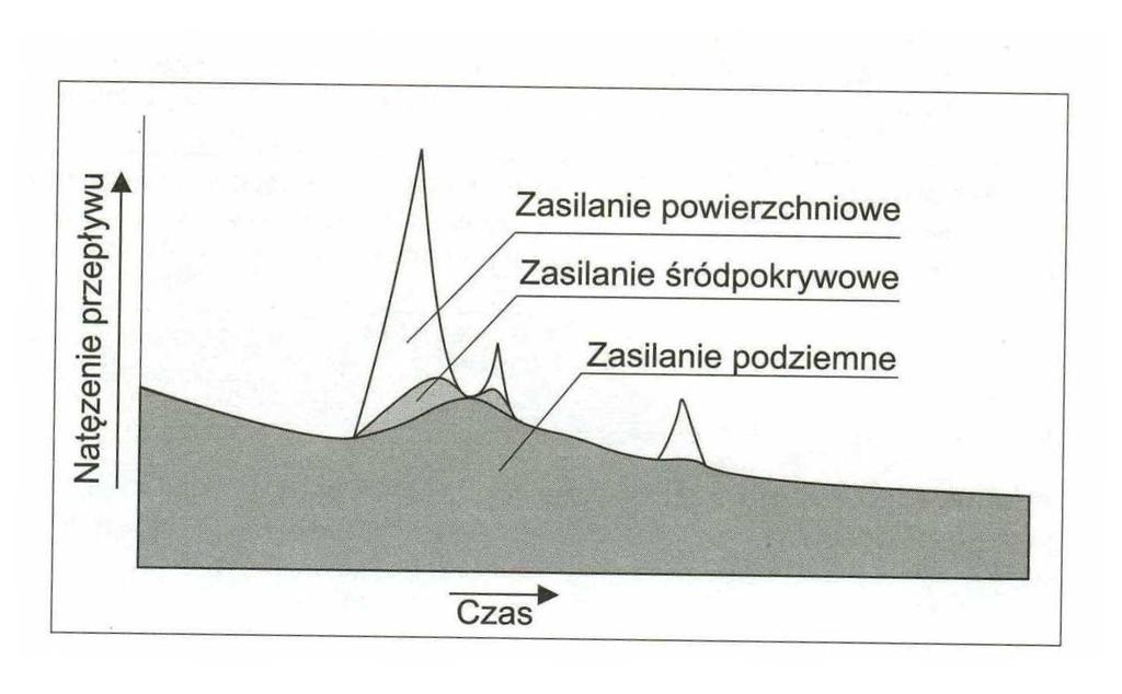 Kształt hydrogramu to wynikowa z róŝnych form odpływu. Głównie powierzchniowego i podziemnego.