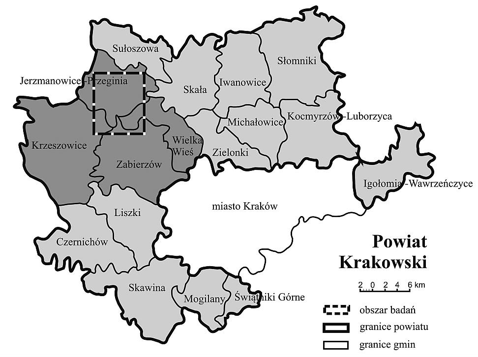 152 1. Wstęp Il. 1. Obszar badań na tle podziału administracyjnego powiatu krakowskiego Ill. 1. Study area in the Cracow district Wyznaczanie potencjału środowiska przyrodniczego jest jedną z metod wykorzystywanych w p l a n o w a n i u p r z e s t r z e n n y m.