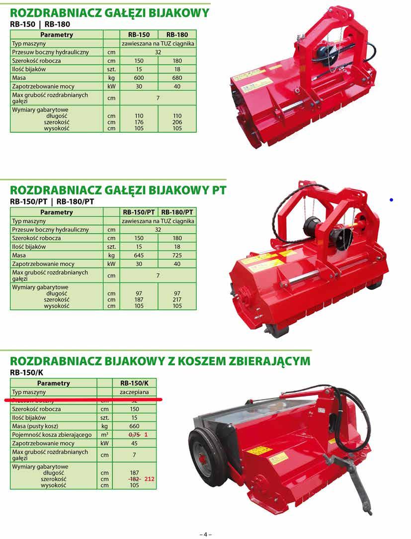 ROZDRABNIACZ GAŁĘZI BIJAKOWY RB-150 RB-180 RB-150 RB-180 Przesuw boczny hydrauliczny 32 Szerokość robocza 150 180 Ilość bijaków szt.