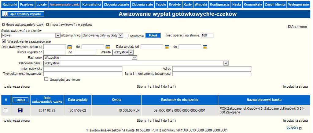 4. Wyświetlenie przygotowanych czeków elektronicznych W celu wyświetlenia czeków elektronicznych należy w opcji Awizowanie/e-czeki kliknąć na klawisz Pokaż co spowoduje wyświetlenie się e-czeków