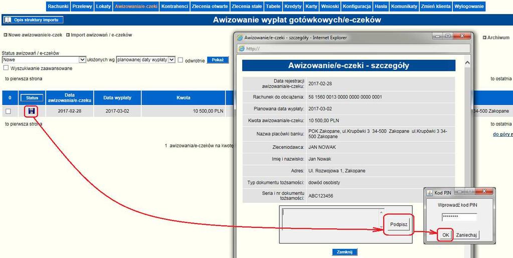 Rysunek 4 Wyświetlenie przygotowanych czeków elektronicznych 5. Akceptowanie awizowania/ e-czeków.