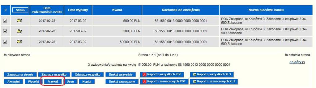 zlecenia do akceptu. Akceptacja zleceń przez kolejną osobę wymaga kliknięcia na status (zielone piórko), a następnie zaakceptować kartą mikroprocesorową lub kodem z tokena mobilnego.