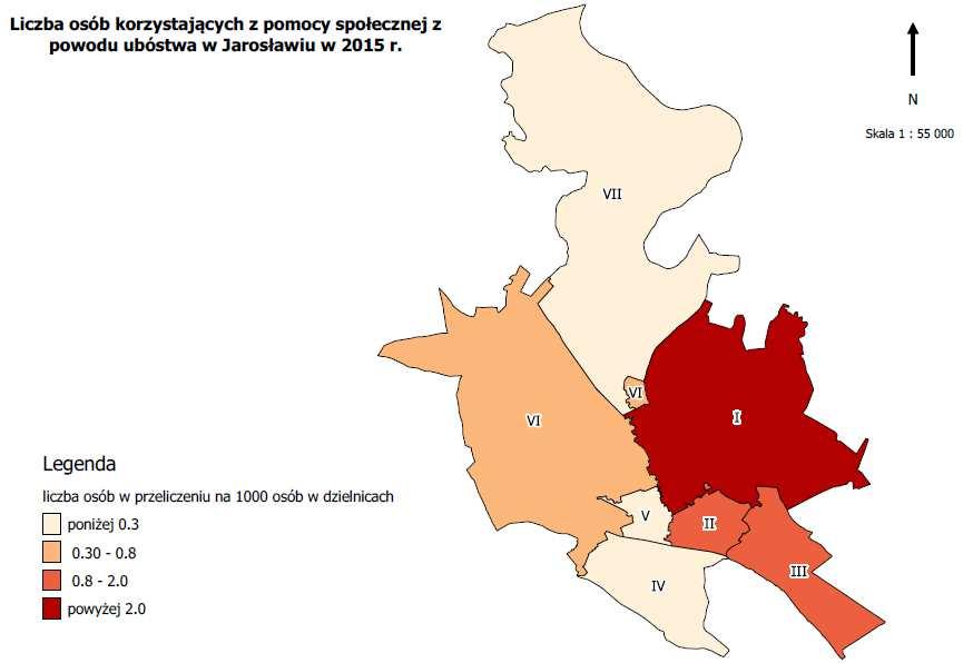 c. Liczba osób korzystających z pomocy społecznej z powodu ubóstwa w 2015 r. na 1 000 mieszkańców.
