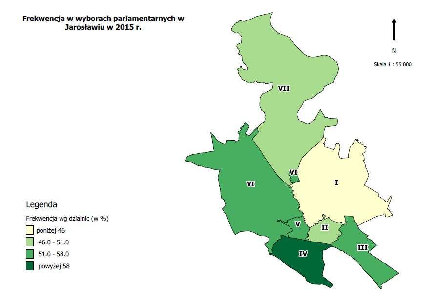 Mapa 8. Frekwencja w wyborach parlamentarnych w Jarosławiu w 2015 r. Źródło: opracowanie własne na podstawie danych Urzędu Miasta Jarosławia. 4.