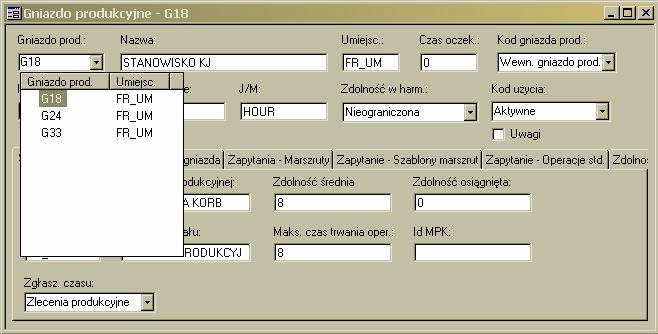 3) Zamieść zrzut ekranu formularza z danymi tych gniazd produkcyjnych, w których odbywa się operacja KJ, czyli w których nazwie występuje ciąg znaków KJ.