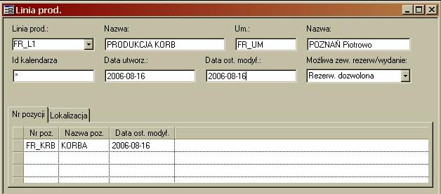 Zakładka Nr pozycji: Korzystając z zakładki Nr pozycji przypisz do linii produkcyjnej pozycje na niej wytwarzane, (tj. pozycje magazynowe produkowane).