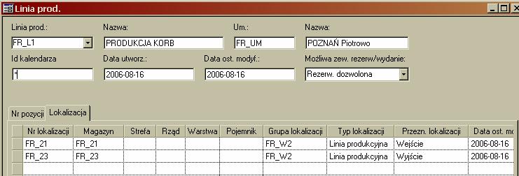 W magazynie wejściowym przechowywane będą materiały niezbędne do produkcji, zaś w magazynie wyjściowym będą przechowywane produkty wytworzone na danej linii. Proszę zwrócić uwagę na kolumnę Przezn.