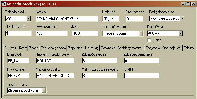 Gniazdo G21 należy do linii produkcyjnej FR_L2 PRODUKCJA ZĘBATEK: W analogiczny sposób wprowadź dane gniazd G22-G24.