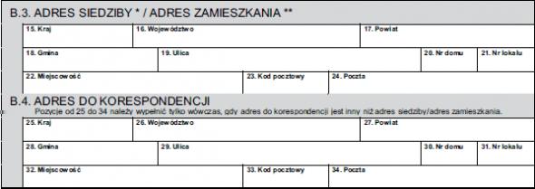 W polach 15-24 podaje się adres siedziby lub adres zamieszkania. Pola 25-34 wypełnia się w przypadku, gdy adres korespondencyjny jest inny niż adres siedziby lub zamieszkania podany w części B.3. C.