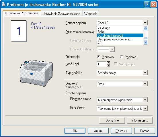 2. Metody drukowania Informacja Jeżeli dwuskrzydełkowa koperta o formacie DL jest po drukowaniu pogięta, wybierz DL długa krawędź z menu Format papieru w zakładce Ustawienia Podstawowe.