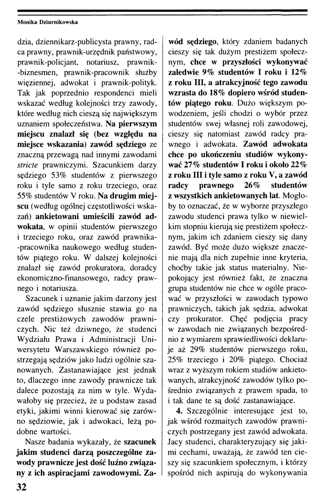 32 dzia, dziennikarz-publicysta prawny, radca prawny, prawnik-urzędnik państwowy, prawnik-policjant, notariusz, prawnik- -biznesmen, prawnik-pracownik służby więziennej, adwokat i prawnik-polityk.
