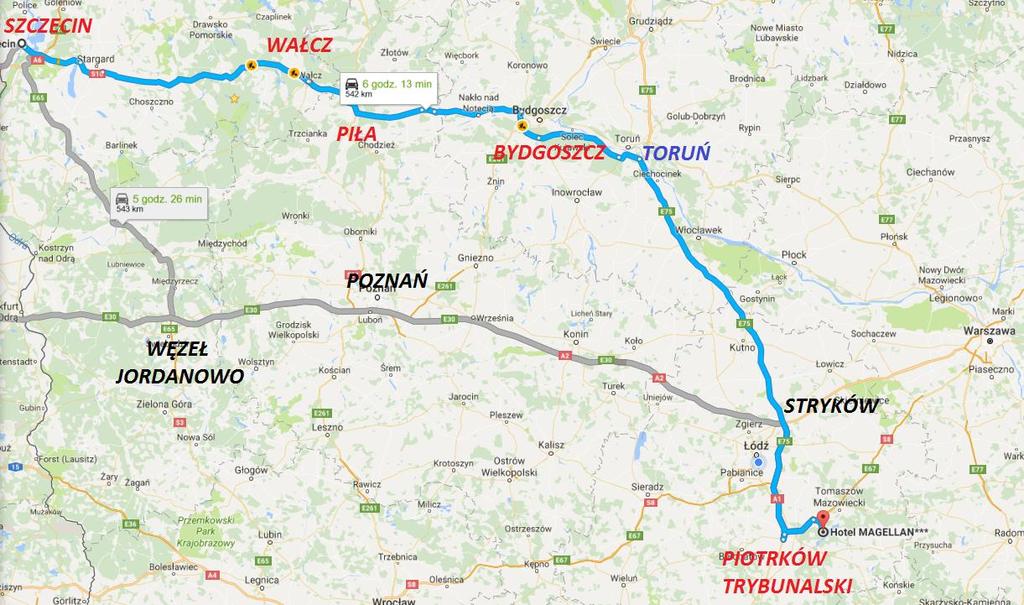 DOJAZD Z KIERUNKU ZACHODU POLSKI (Szczecin, Poznań, Wrocław) Podróżując z kierunku SZCZECINA należy wybrać E65/S3 i podążać na południe i włączyć się w A2 na węźle Jordanowo (kierunek Poznań) po czym