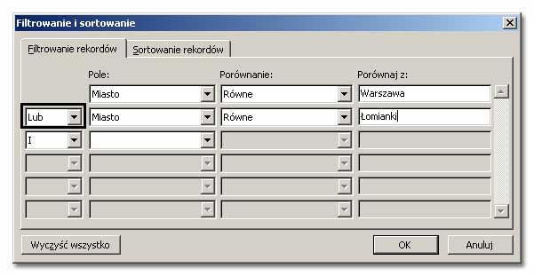 W przypadku podawania kilku kryteriów należy jeszcze określid operator logiczny. W programie Word są dwa takie operatory: LUB oraz I.