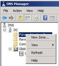 Tworzenie nowej strefy odpytywania w przód Forward Lookup Zone Aby utworzyć strefę odpytywania wprzód należy kliknąć prawym przyciskiem myszy na kontenerze Forward Lookup Zone i z menu wybrać opcję