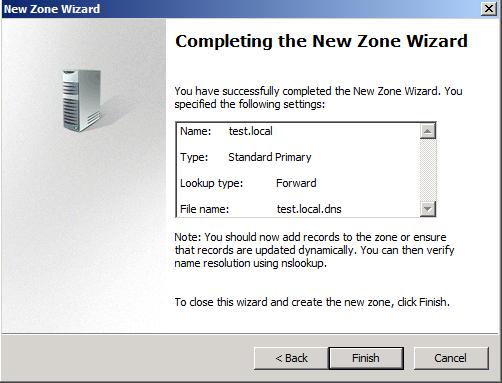 Rysunek 17. Okno podsumowania kreatora tworzenia nowej strefy Forward Lookup Zone Właściwości utworzonej strefy DNS o nazwie test.