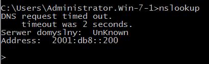 Rysunek 25. Weryfikacja dostępu do serwera DNS Uwaga informacyjna Komunikatem: DNS request time out Timeout was 2 seconds Można się nie przejmować.