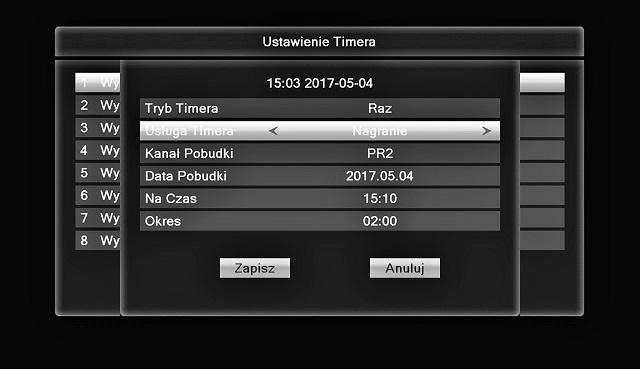 Ustawienia Timera Opcja menu umożliwiająca ustawienie parametrów - TIMER - samoczynnego nagrywania na zewnętrzny nośnik pamięci USB Menu - Ustawienia Systemu - Ustawienia Timera Opcja menu umożliwia