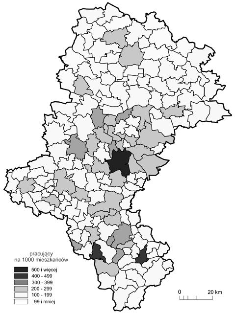 Problemy z wykorzystaniem pracujących jako miernika rozwoju usług 277 3.3.4. PRACUJĄCY W USŁUGACH NA POZIOMIE GMIN Typowe dla opracowań geograficznych jest ujęcie przestrzenne zjawiska.