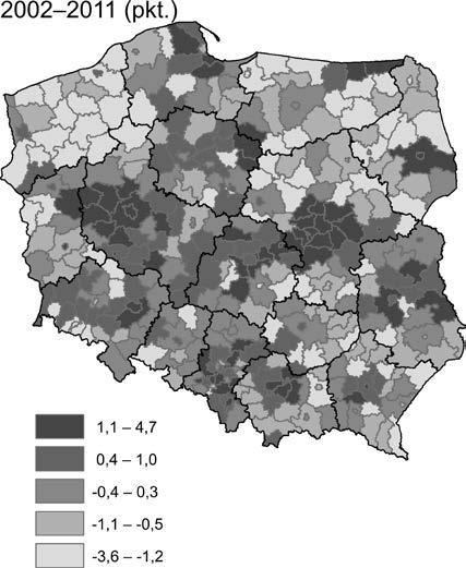 Przestrzenne zróżnicowanie przemian demograficznych w Polsce 51 Ryc. 4. Przyrost naturalny na 1 000 ludności według powiatów w latach 2002 2011 r.
