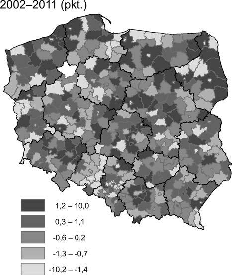 Przestrzenne zróżnicowanie przemian demograficznych w Polsce 53 Ryc. 5. Saldo migracji na 1 000 ludności według powiatów w latach 2002 2011 r.