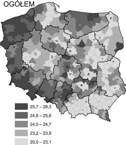 62 Sławomir Kurek Powiaty o wysokich udziałach ludności w wieku produkcyjnym niemobilnym koncentrowały się w Polsce zachodniej i południowo-zachodniej (w województwach zachodniopomorskim, lubuskim i