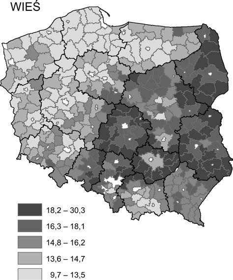 Przestrzenne zróżnicowanie przemian demograficznych w Polsce 65 Ryc. 12. Ludność w wieku poprodukcyjnym w powiatach (ogółem, miasto, wieś) w 2011 r.