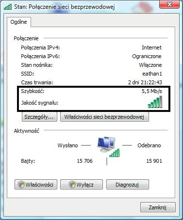 22 przedstawia stan połączenia bezprzewodowego w systemie Windows Vista. Również tym razem interesują nas pola Szybkość i Jakość sygnału.