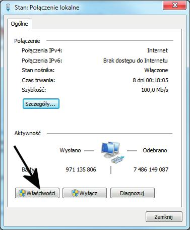 6. W oknie widocznym na rysunku 8.5 kliknij przycisk Właściwości. Rysunek 8.5. Konfiguracja połączenia sieciowego w systemie Windows 7 etap piąty 7. Następny etap (rysunek 8.