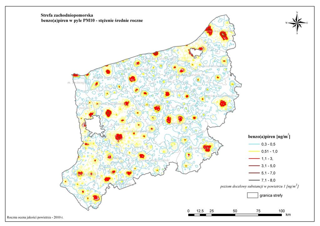 zachodniopomorskim (głównie stolic powiatów), o znaczącym wpływie emisji powierzchniowej B(a)P na wielkość szacowanych stężeń (mapa I.6). Mapa I.