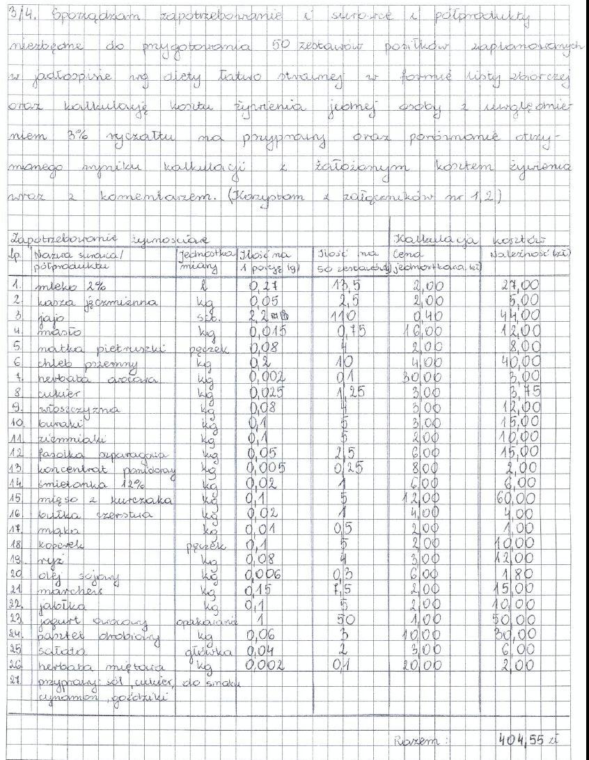 3. Zapotrzebowanie na surowce i półprodukty niezbędne do przygotowania 50 zestawów posiłków zaplanowanych w jadłospisie wg diety łatwo strawnej w formie listy zbiorczej.