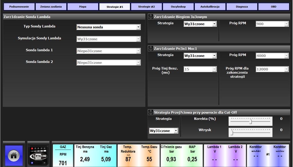 Str 24 W ZAKLADCE STRATEGIE MOŻLIWE JEST USTAWIENIE PARAMETRÓW SONDY LAMBDA, WYKORZYSTANIE STRATEGII BENZYNOWYCH, WYPRZEDZENIE SEKWENCJI WTRYSKU I FILTROWANIE DODATKOWYCH DAWEK PALIWA Zarządzanie
