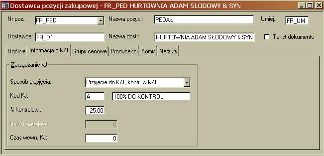 Zakładka Informacja o K/J (Kontroli Jakości) W analogiczny sposób wprowadź dane o pozostałych dostawcach pozycji zakupowych. Zwróć uwagę na poprawną wartość w polu Cena.