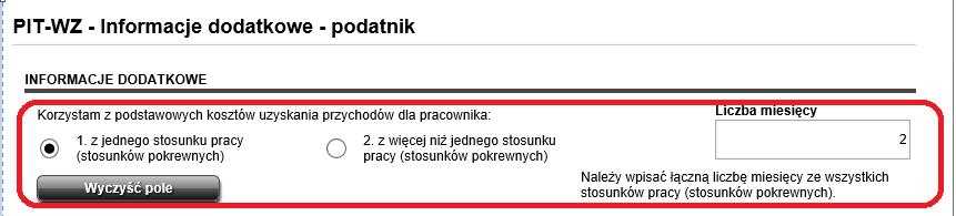 - z więcej niż z jednego stosunku pracy (stosunków pokrewnych), jednocześnie wpisując liczbę miesięcy za które podatnik korzysta z danych kosztów.