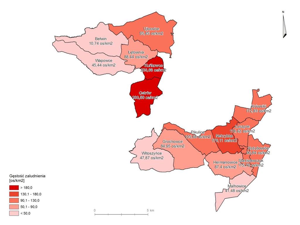 Mapa nr 1 Gęstość zaludnienia w jednostkach urbanistycznych Gminy Przemyśl Źródło danych: Opracowanie własne 3.2.