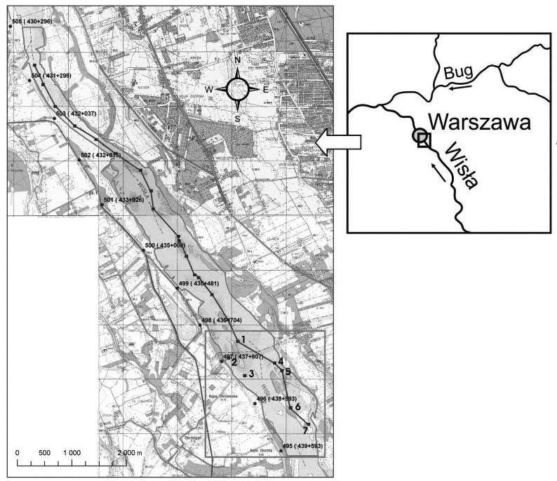 RYSUNEK 1. Położenie analizowanego odcinka koryta Wisły FIGURE 1. Location of the analysed Vistula channel reach wych (wyspach) znajdują się stanowiska lęgowe rzadkich gatunków ptaków.