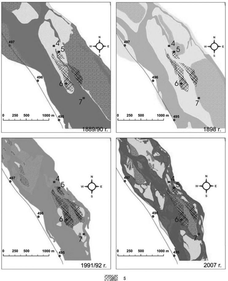 gle ze zmianami linii brzegowej koryta i mezoform korytowych. Zmianom ulegały: kształt, rozmiary i położenie wysp, łach wynurzonych i łach zanurzonych.