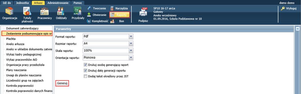 pracy przedszkola. Administrator w JST decyduje, które raporty są widoczne dla dyrektorów jednostek oraz ma możliwość ustawienia opcji wydruków niektórych raportów.