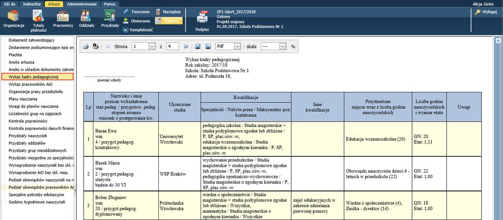 dotyczące organizacji pracy jednostki? 5/6 Korzystając z ikon znajdujących się na pasku narzędzi przeglądarki, możesz raport wydrukować lub zapisać na dysku komputera w wybranym formacie.