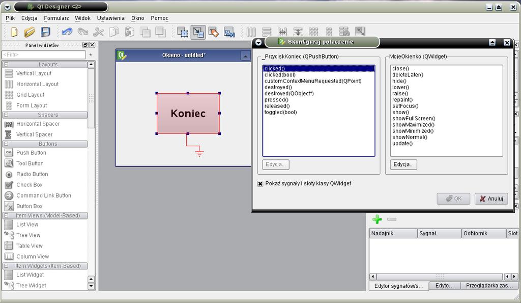 Łączenie sygnałów i slotów Tworzenie własnego okienka Własne okienko Przejście do trybu edycji sygnałów.
