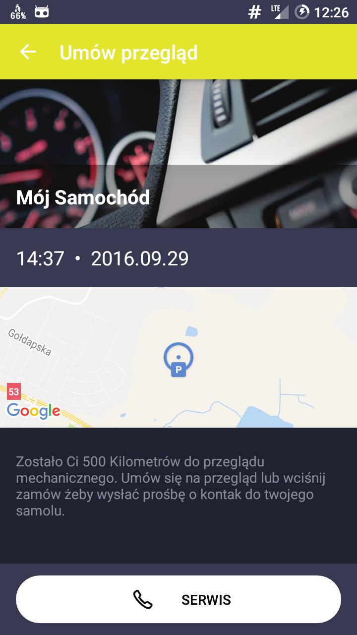 INSTRUKCJA OBSŁUGI 6.5. UMÓW PRZEGLĄD Podając datę i przebieg ostatniego przeglądu oraz czas i dystans między przeglądami, uruchamiasz powiadomienia o zbliżających się przeglądach mechanicznych.