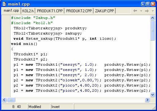 Przykład programu 2 generowanie kodu jednej klasy z jednego szablonów 1) Jedna instancja kodu kolekcji TKol2<TAbstrakcyjny> dla jednego typu