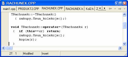 Destruktor realizujący silną agregację między zakupami i rachunkiem każdy rachunek usuwa własne obiekty typu TZakup this==&r oznacza, że adres własny this obiektu (autoreferencja) może być równy