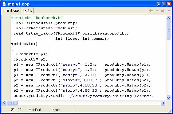 Przykład programu generowanie kodu dwóch klas z jednego szablonu Dwie instancje kodu kolekcji dla różnych typów argumentów: TKol2<TProdukt1>, TKol2<TZakup> oraz dwa obiekty: