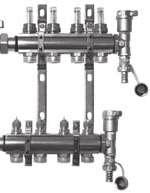 Rozdzielacze - zestawy Rozdzielacze do ogrzewania podłogowego Rozdzielacz 1 z wkładkami zaworowymi typu RA, uchwytami montażowymi, końcówką spustową z odpowietrznikiem automatycznym i ręcznym.