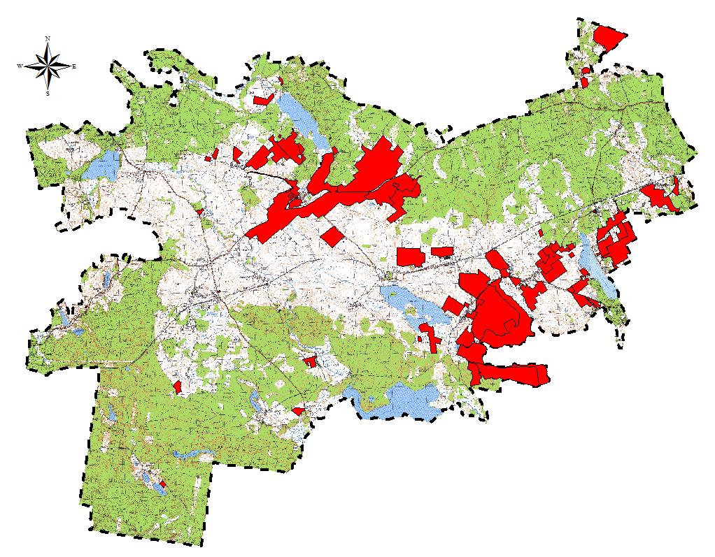 Na poniższym rysunku wskazano kolorem czerwonym tereny, dla których obowiązują miejscowe plany zagospodarowania przestrzennego.